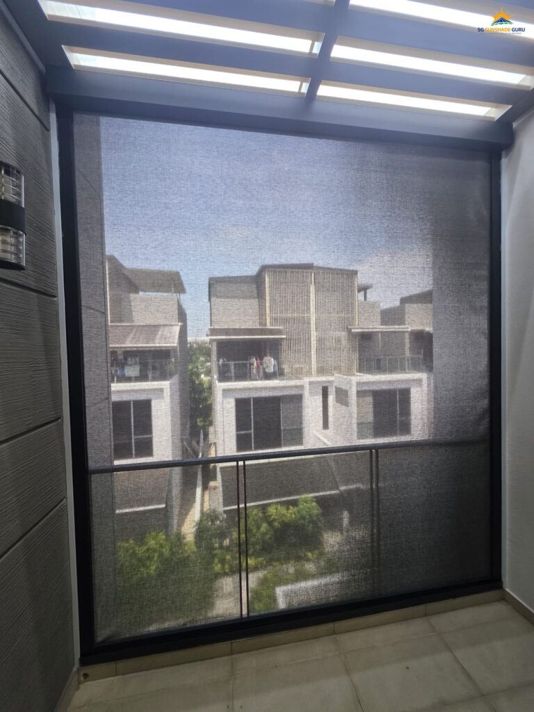 Outdoor motorized zip blind fully closed for maximum sun protection, heat reduction, and privacy.