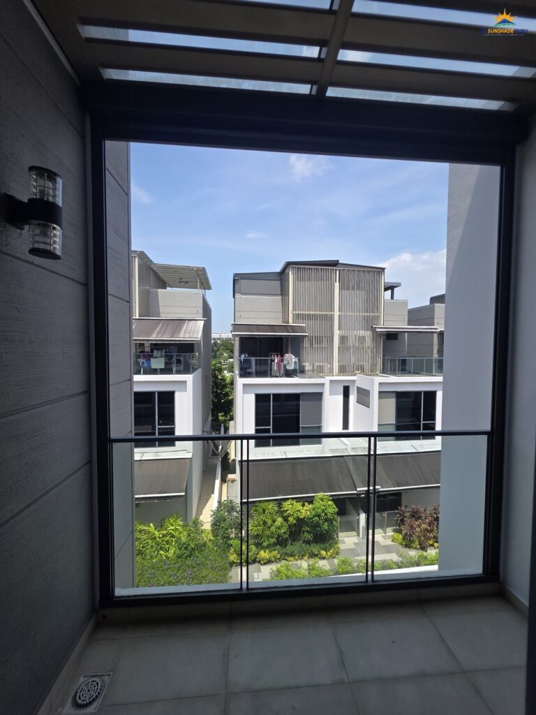 Outdoor zip blind fully retracted, offering an unobstructed balcony view and natural daylight.