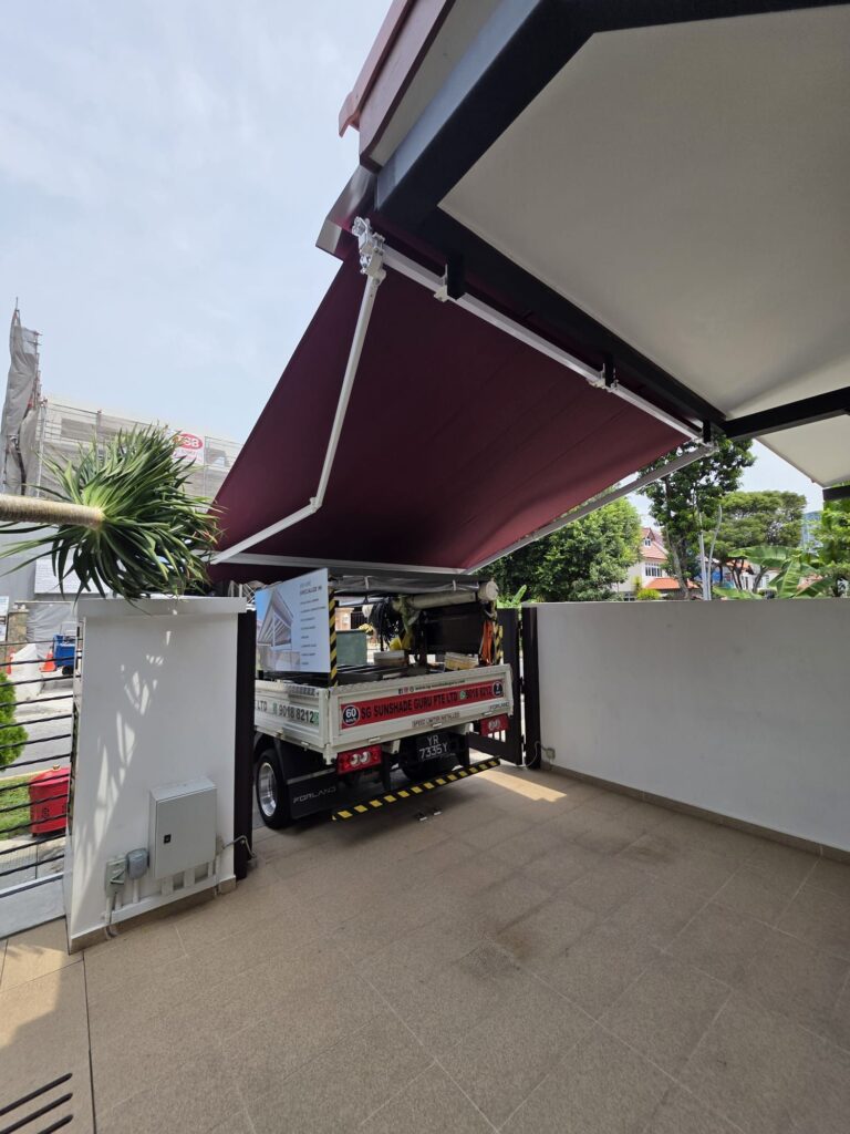 Close-up view of retractable awning installation at a residential property in Singapore