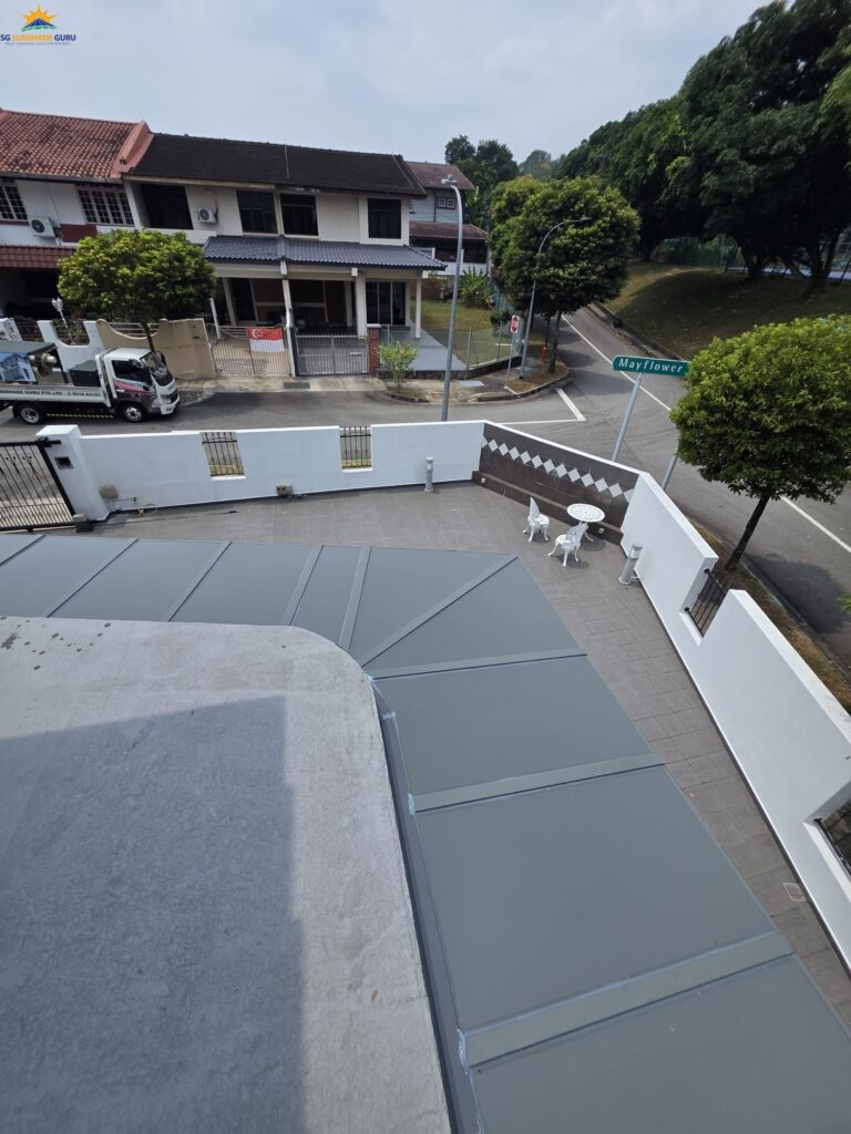 Top view of an aluminium composite roof installed along a residential outdoor area