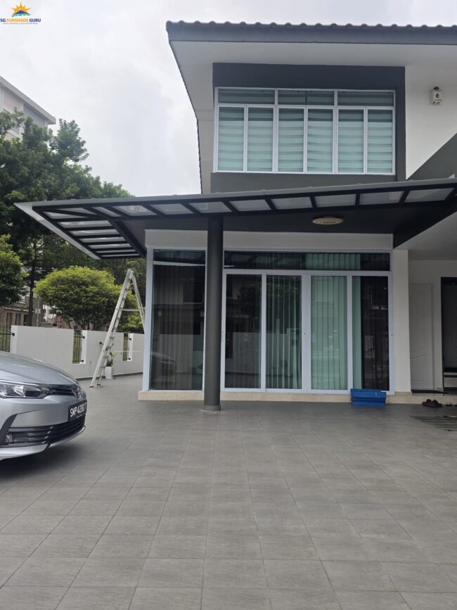 Cantilever aluminium roof installed across the front of a residential property