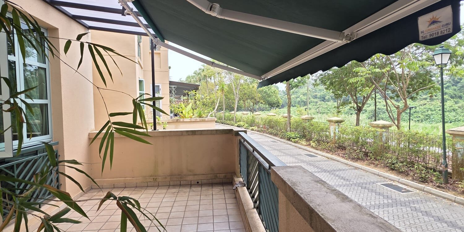 Extended retractable awning providing shade for an outdoor balcony
