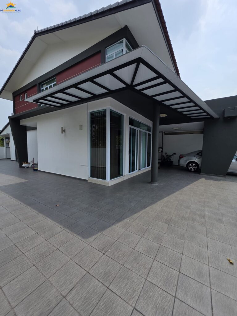 Modern cantilever aluminium composite roof extending over the outdoor area of a Singapore home